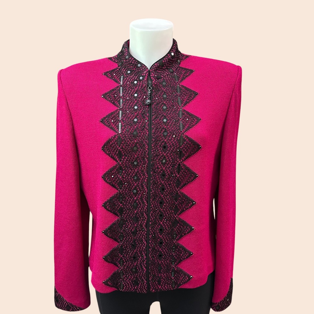 St. John Evening Hot Pink Knit ZipFront Black Geometric Lace Sequin Jacket sz 12